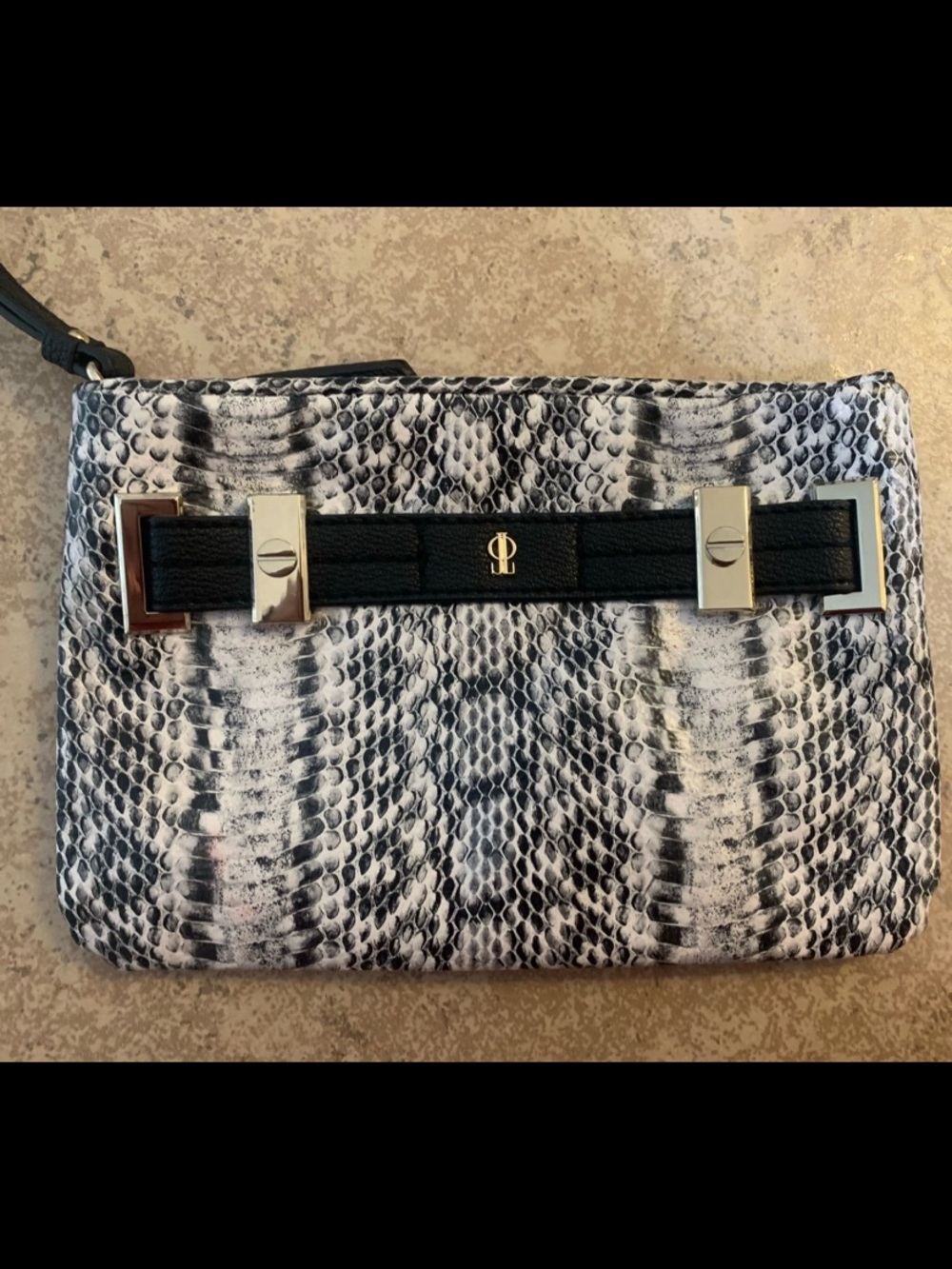 JLo Black / White / Gray Zip Top Goldtone Hardware Manmade Wristlet.